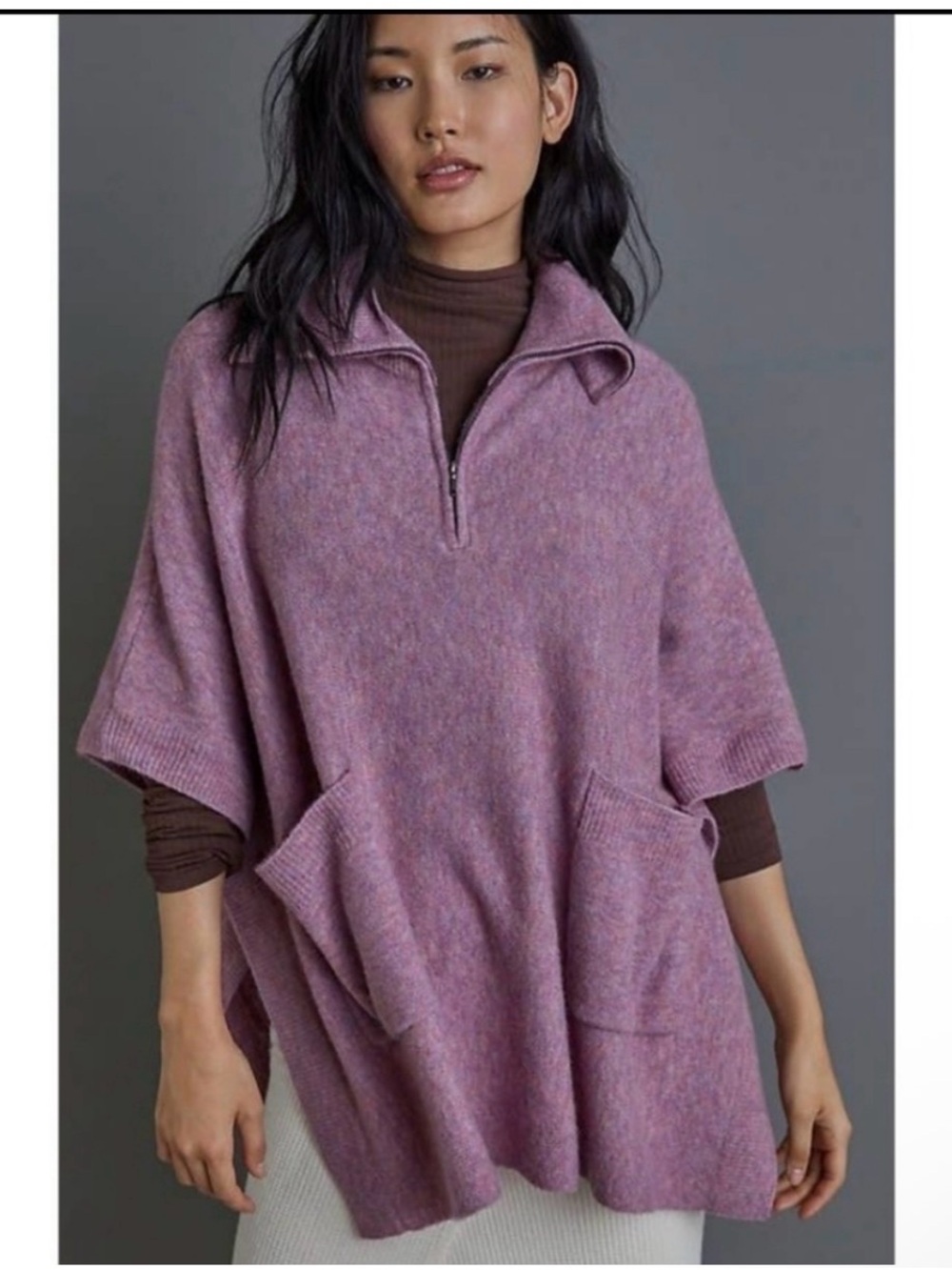 Anthropologie Charli Annina 1/4 Zip Knit Poncho Sweater Mauve wool blend size ML